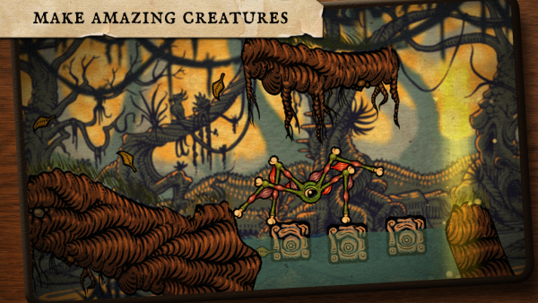 Eine vielarmige Spiel-Kreatur überquert Wasser in einem Wald.