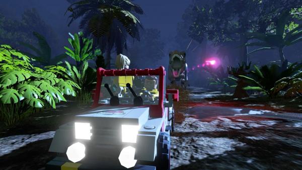 Screenshot: Flucht mit einem LEGO-Auto vor einem LEGO-Saurier