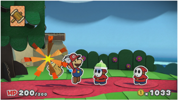 Screenshot: Mario kämpft mit seinem Hammer gegen Gegner