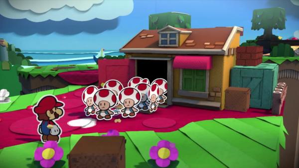 Screenshot: viele Toad kommen aus einem Haus.