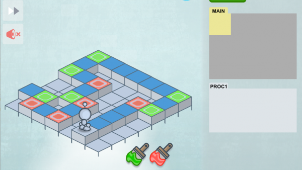 Screenshot: Der Roboter steht vor einem verschiedenfarbigen Weg