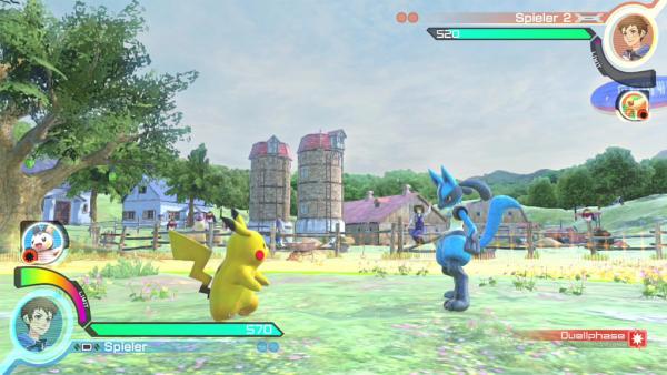 Screenshot: Pikachu steht einem blauen Fuchs-Pokemon gegenüber