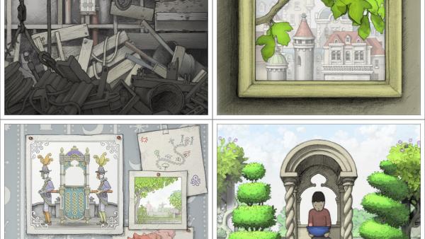 Screenshot: Bilder eines Hakens, eines Astes mit Blättern, einer Wand mit mehreren Zeichnungen und eines Buben, der in einem Pavillon sitzt