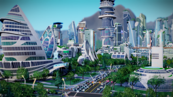 Abgebildete Stadt der Zukunft mit Wolkenkratzern