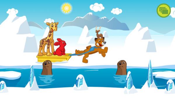 Screenshot: Hase und Giraffe lassen sich von einem Hund auf einem Schlitten durch eine Schneelandschaft ziehen.