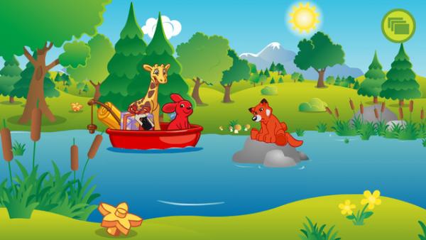 Screenshot: Hase und Giraffe schwimmen in einem Boot auf einem Fluss und treffen dabei auf einen Fuchs.