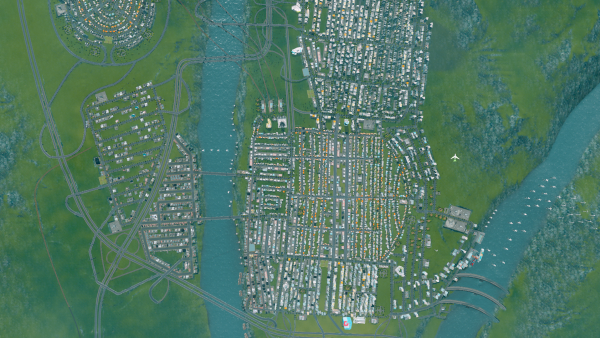 Der Screenshot zeigt eine Stadt aus der Vogelperspektive.