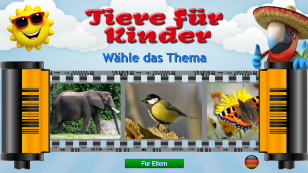 Screenshot: Hauptmenü des Spiels. Auf einm aufgerollten Analogkamerafilm sind verschiedene Tierbilder, in diesem Fall ein Elefant, eine Kohlmeise und ein Schmetterling. Darüber steht "Tiere für Kinder Wähle das Thema"