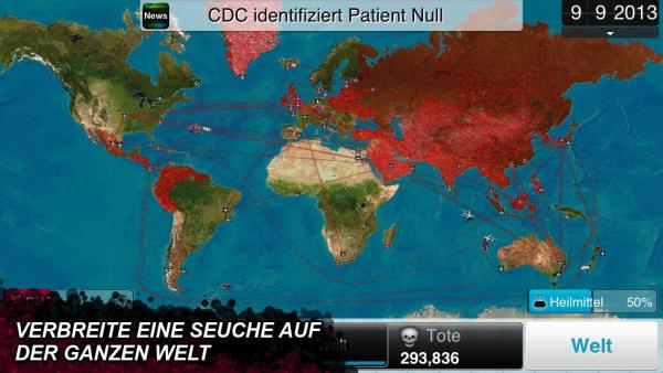 Screenshot: Weltkarte auf der infizierte Länder rot markiert sind