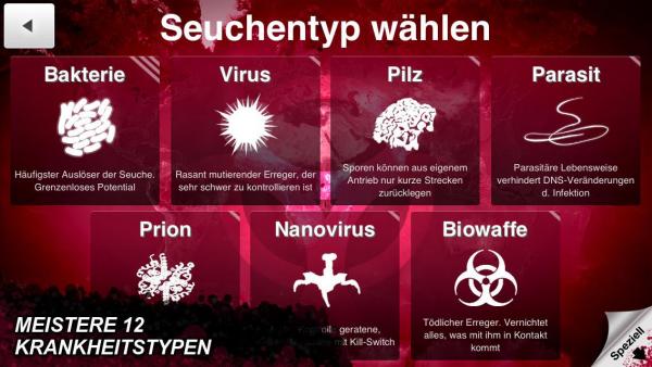 Screenshot: Auswahlmenü verschiedener Krankheitstypen wie etwa Bakterien oder Viren