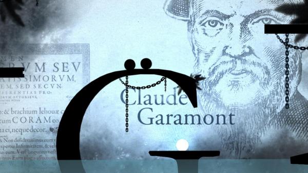 Die zwei Punkte befinden sich auf einem Buchstaben. Im Hintergrund sieht man Claude Garamont.