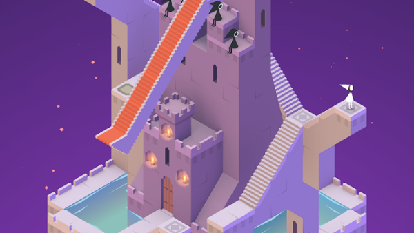Screenshot mit einer schwebenden Burg mit vielen Stiegen