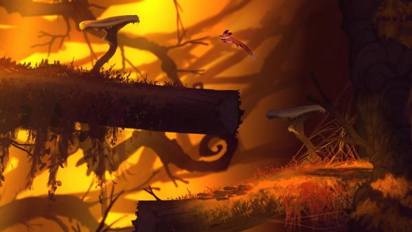 Screenshot: Ein Fuchs springt von einem Pilz auf einen Stamm.