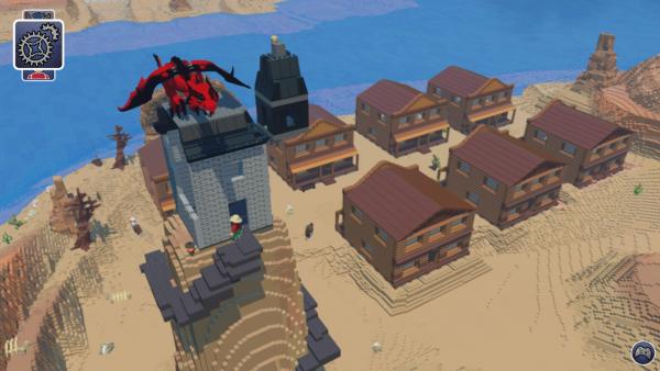 Screenshot: Eine LEGO-Westernstadt in einer Wüstenlandschaft. Auf einem Steinturm sitzt ein roter LEGO-Drache