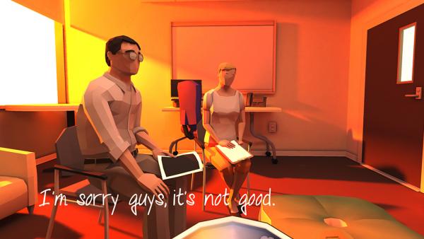 Screenshot: Ein Mann und eine Frau sitzen in einem Büro. Links im Bild steht der Text "I'm sorry guys, it's not good."