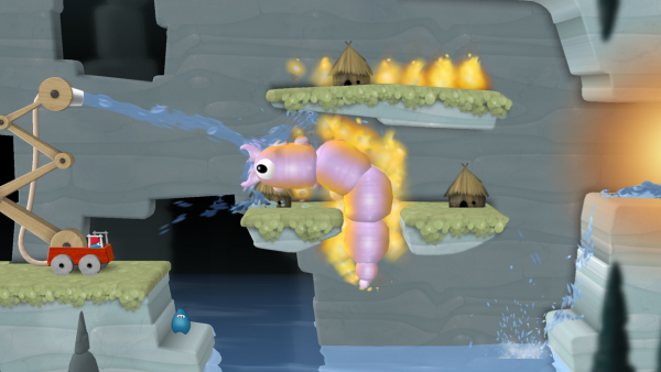 Die Spielenden sollen einen brennenden Endgegner, in Form eines Wurms, mit dem Wasserstrahl besiegen.