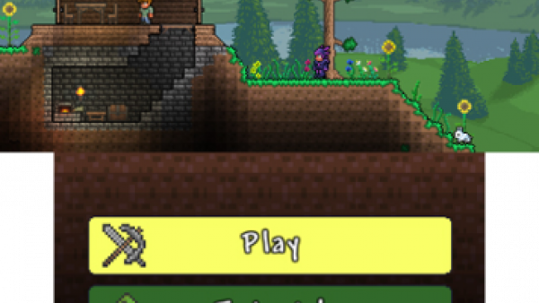Screenshot: Titelbildschirm mit einem Haus, einer Wiese und einem Baum rechts
