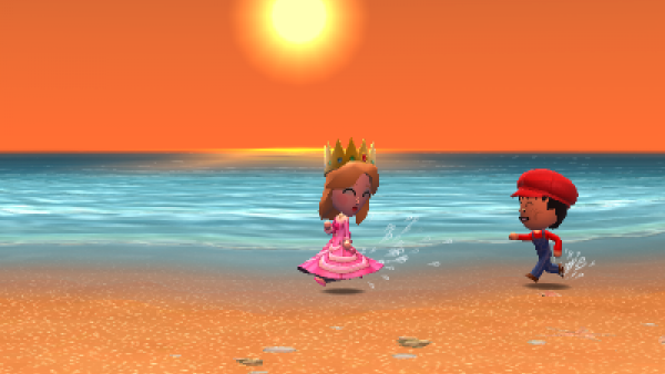 Screenshot von "Tomodachi Life" mit zwei Spielfiguren am Strand
