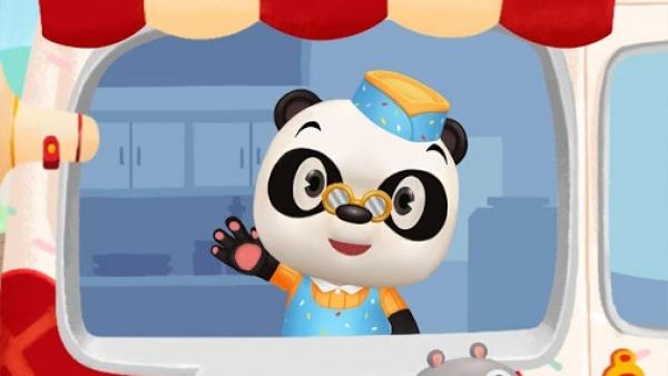 Screenshot: Dr. Panda schaut aus seinem Eiswagen heraus.