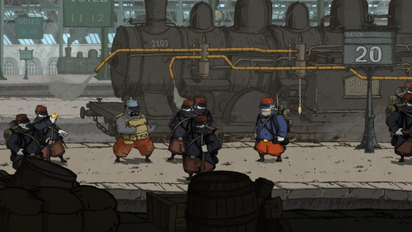 Screenshot mit einem Soldaten, der auf einem Bahnhof umringt von anderen Soldaten steht