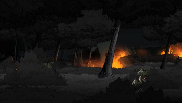 Screenshot mit einer Sanitäterin, die sich hinter einem Busch versteckt