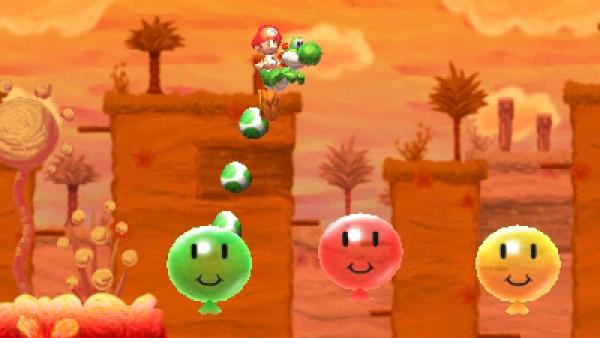 Screenshot von "Yoshi's New Island" mit einem hüpfenden Dino und Luftballons