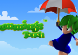 ein für das Spiel typischer "Lemming" mit grünen Haaren an einem rot-weißen Regenschirm
