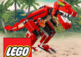 Cover: Ein Dinosaurier aus Lego auf einem Strand. 
