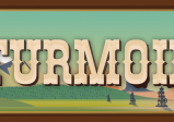 Logo des Spiels:  Die Lettern "Turmoil" sind in einer typischen Westerndruckschrift geschrieben. Im Hintergrund ist eine abstrakt gezeichnete Berglandschaft mit vereinzelt stehenden Ölbohrtürmen.